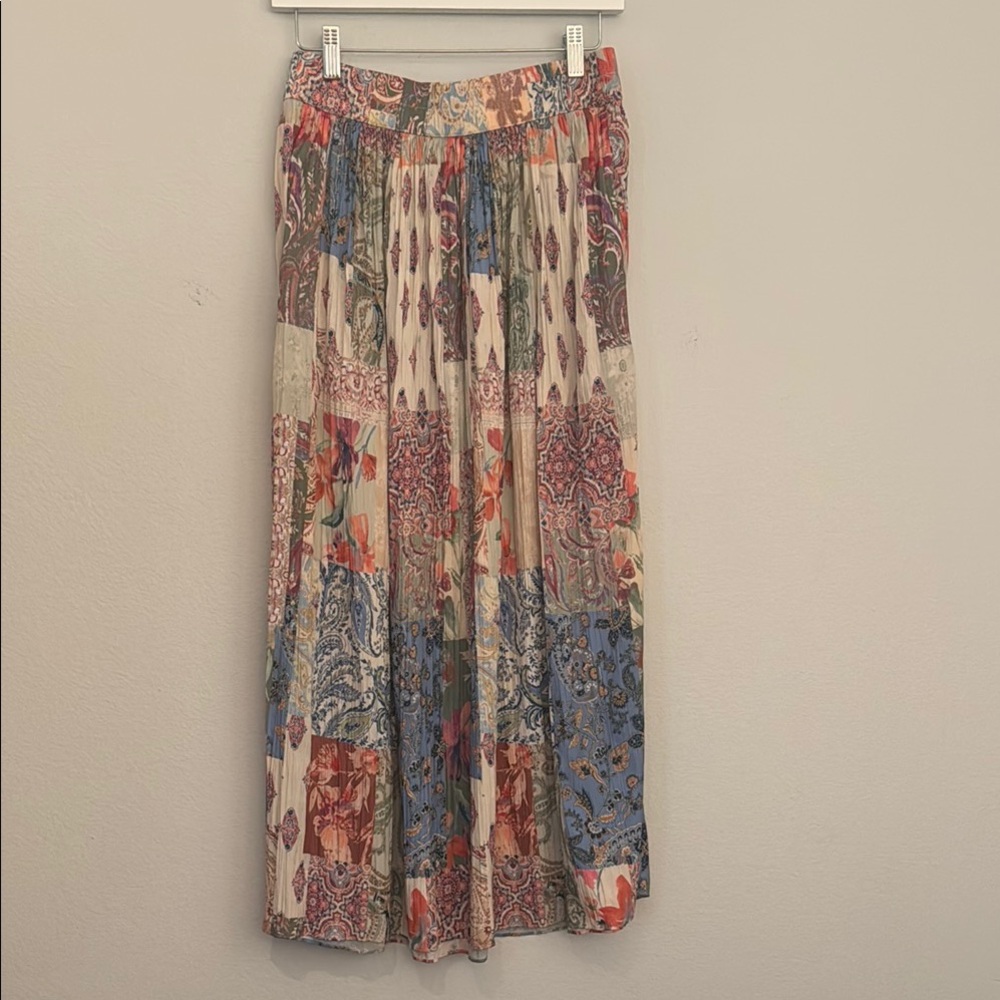 Bohemian Patchwork Pleated Maxi Skirt - Cream Multi      Chico’s Size S